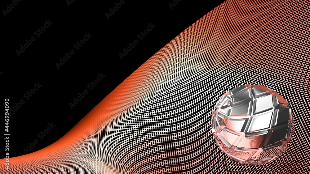 Aufkleber abstract metallic embossed sphere on a red curved grid, over black background - 3d rendering illustr