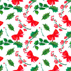 Watercolor holiday seamless pattern  Wreath branch  tree red flower.The cones of the  tree.Watercolor Seamless pattern, Paper Watercolor hand painted botanical pattern for design, print or background.