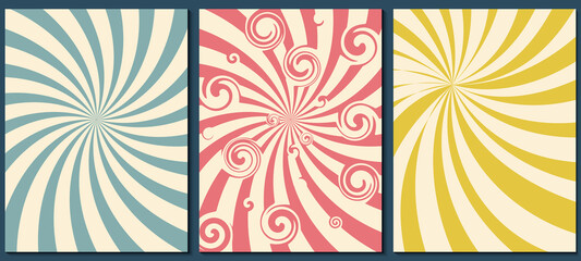Retro background with starburst or sunburst vector pattern. Set of vintage templates with spiral or swirled radial striped design. Vector illustration 60s