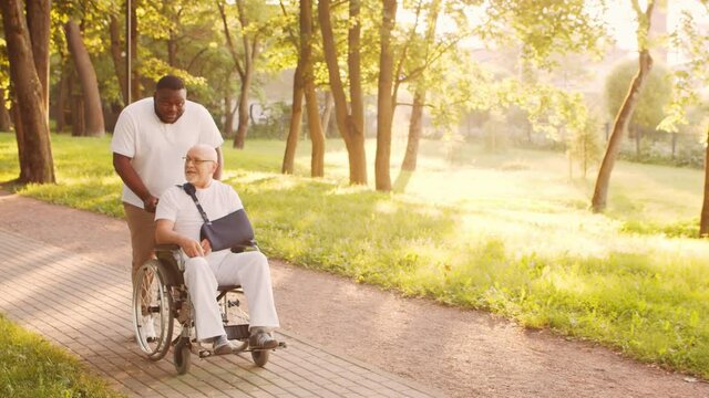 African-American caregiver and old disabled man in a wheelchair. Professional nurse and handicapped patient in the park. Assistance, rehabilitation and health care. Golden hour sunset.