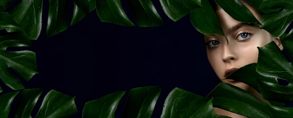 Young woman with perfect skin arounded by tropical green leaves frame on dark blue background with...