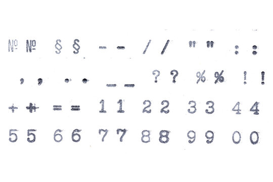 Old typewriter font symbols isolated on white background.