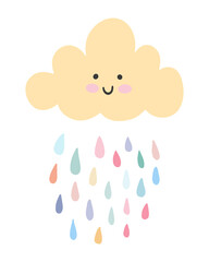 Cute yellow baby cloud with smiling kawaii face and rainbow rain drops. Sweet nursery poster design. Vector illustration in childish simple Scandinavian hand drawn style isolated on white background