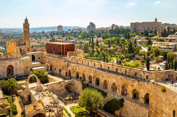 Fototapeta premium Inner courtyard, walls and archeological excavation site of Tower Of David citadel complex in Jerusalem Old City in Israel