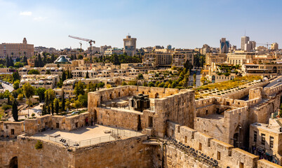 Fototapeta na wymiar Panoramic view of Jerusalem with King David and Plaza Hotel and Mamilla quarter seen from Tower Of David citadel in Old City in Israel
