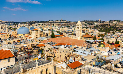 Panoramic view of Jerusalem Old City with Christian Quarter over Omar Ibn El-Khattab Square seen from Tower Of David citadel in Israel