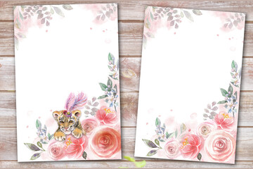 watercolor floral background and invitation with copy space, wedding greeting card with flowers and leaves