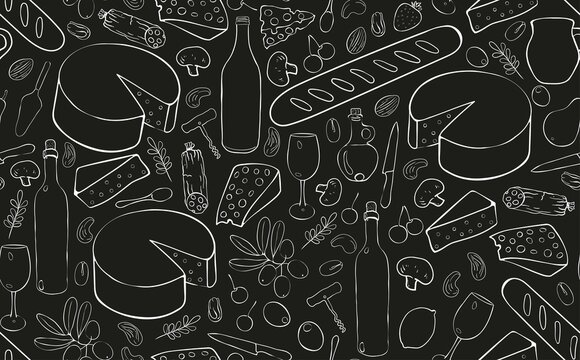 Seamless Hand Drawn Pattern with Wine and Cheese. Doodle Food Background. Vector illustration.