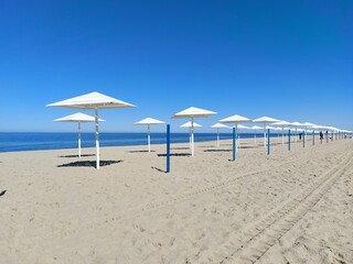 Daytime view of an empty sandy beach with white umbrellas