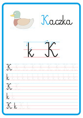 Plansza do nauki pisania liter alfabetu, litera k - obrazy, fototapety, plakaty