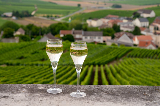 Tasting of brut and demi-sec white champagne sparkling wine from special flute glasses with Champagne vineyards on background near Cramant, France