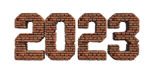 2023 red brick wall bold letters isolated on white 3d-illustration
