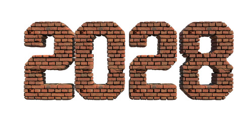 2028 red brick wall bold letters isolated on white 3d-illustration
