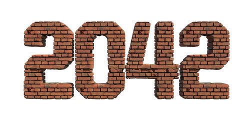 2042 red brick wall bold letters isolated on white 3d-illustration
