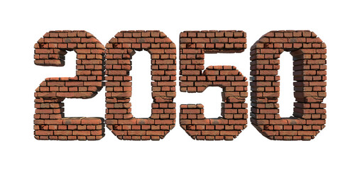 2050 red brick wall bold letters isolated on white 3d-illustration

