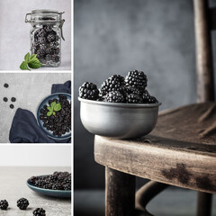Fototapeta na wymiar Blackberry Season. Collage of four images with blackberries. Copy space.