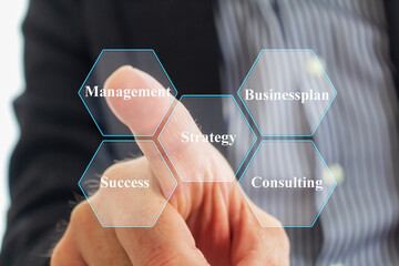 A businessman is pressing a virtual digital Button.  Management, Success, Strategy, Businessplan,...