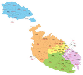 Carte de Malte avec divisions administratives par conseils locaux et répartition par régions - Libellés en anglais et en maltais - Textes vectorisés et non vectorisés sur calques séparés