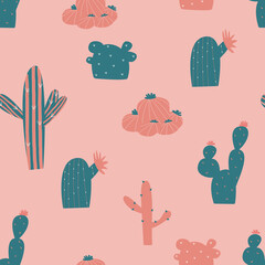 Vector seamless drawing with various cacti. Bright repeating texture with green cacti on a pink background . A natural hand-drawn background with desert plants.
handmade items.  Suitable for fabric, t