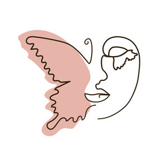 abstract face with butterfly one line drawing. Portret minimalistic style