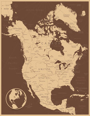 North America Antique Map. Highly detailed map. All elements are separated in editable layers clearly labeled.