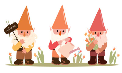 Magical creatures. Garden gnomes. A set of cute gnomes. Leprechaun watering flowers, holding a plate, holding a bouquet of flowers Flat vector illustration 