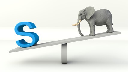 3D illustration of Balance Concept of the letter S and an Elephant on a Seesaw 