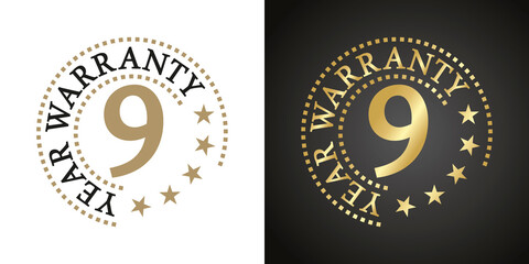 9 Year Warranty five stars white gold black logo icon label button stamp vector