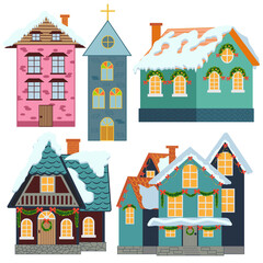 Set of isolated decorated buildings for new year and christmas. Building with fir tree at yard