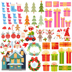 Big set of Christmas elements hand drawn. Gifts, stockings, Christmas trees, gnomes, candies, wreaths and other symbols of the New Year and Christmas