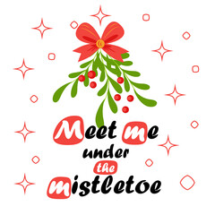 Kiss Me Under The Mistletoe. Man and woman embrace under Christmas mistletoe.