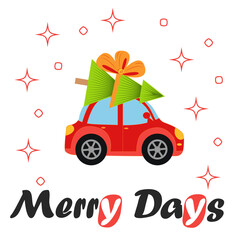Merry christmas and happy new year illustrations. Greeting card with red retro car with christmas tree