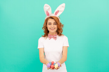 Easter vibes. woman in rabbit ears and bow tie. time for fun. egg hunt. adorable lady looking funny