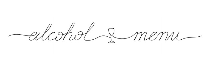 Alcohol menu handwritten lettering with a small glass sign. Vector illustration on white isolated background. Vintage brush calligraphy for restaurant. Continuous black line