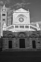 Facade of the historic cathedral with belfry in the city of Grosseto