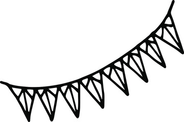 A festive garland of triangular doodle flags. Hand-drawn black-and-white illustration. Decoration and decoration of premises.