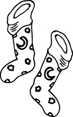 Sleeping children's stockings, doodles, sketch. A pair of socks. Hand-drawn black-and-white vector illustration.