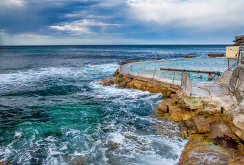 BONDI BEACH, AUSTRALIA - AUGUST 18, 2018: Bronte Beach panorama on a stormy day.