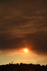 Fototapeta na wymiar Feu de forêt : le panache de fumée masque le soleil, en plein jour, à 35 kilomètres de là.