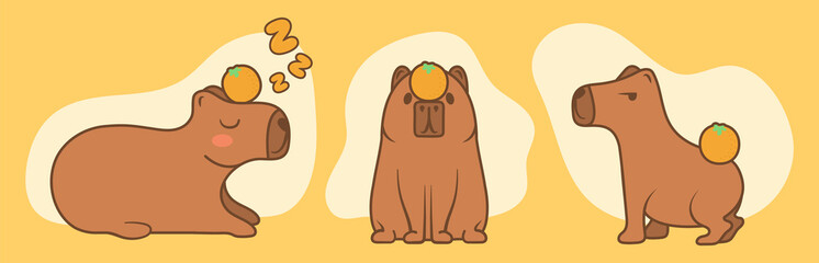 Cartoon cute capybara with tangerines. Set of guinea pigs isolated on yellow background