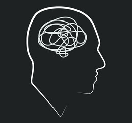 Silhouette of a male head. Icon. Stylish guy. Flat illustration of face. Head icon. Silhouette of a guy. Man avatar. Linear avatar. Intrapersonal conflict. Depression. Entanglement. Psychology