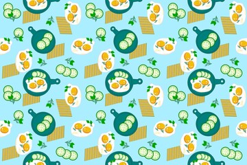 Colored repeating pattern of scrambled eggs, frying pan, pieces of cucumber and herbs on a blue background for printing on textiles and paper