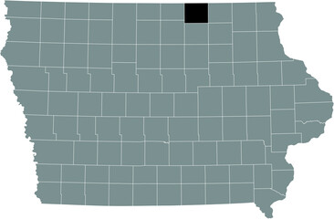 Black highlighted location map of the Mitchell County inside gray map of the Federal State of Iowa, USA