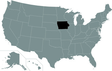 Black highlighted location map of the US Federal State of Iowa inside gray map of the United States of America