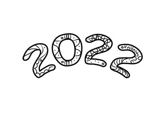 2022, number. New Year. Coloring book. Zentangle style, doodle.  Colouring page for kids or adult. Vector illustration modern