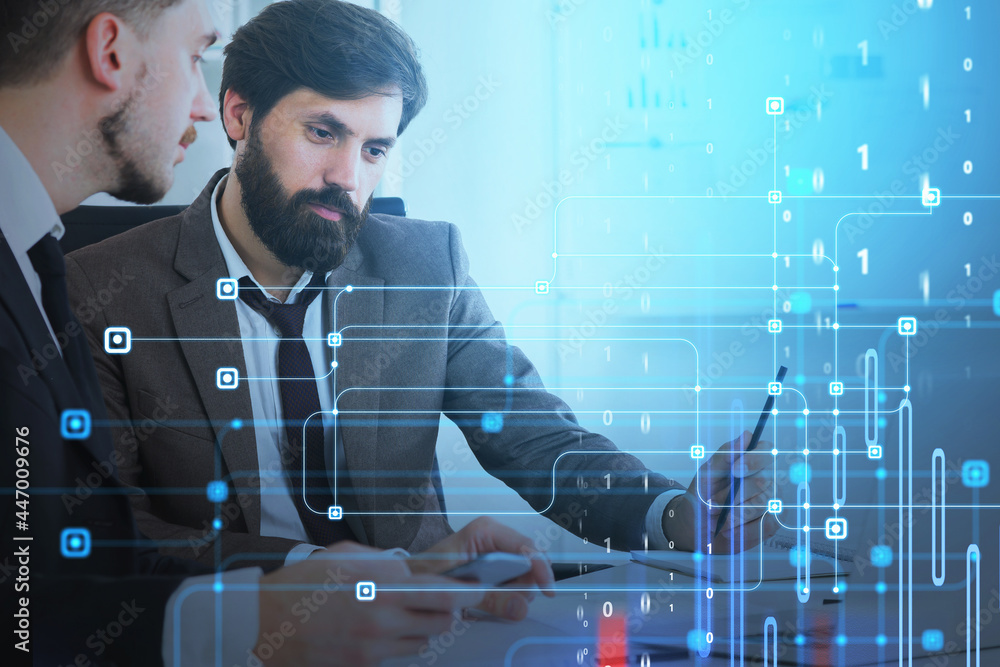 Poster two businessmen programmer in suits working together on project