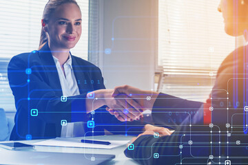 Businesswoman and businessman handshake. Work together on projec