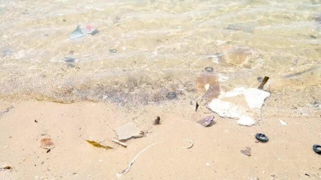 Flowing Marine Waste or Marine Debris in The Beach in Summer, Environmental Pollution or Social Problem Background, Nobody, Sea or Ocean