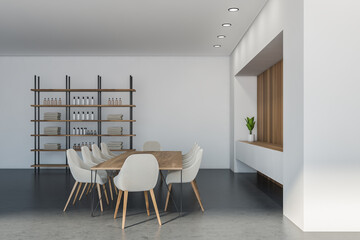 Side view of the white loft with shelving unit and table