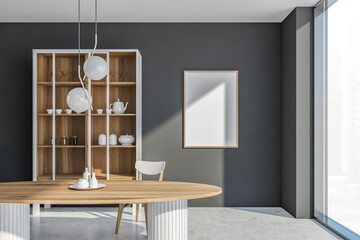 Banner in the grey dining space with panoramic window and cupboard